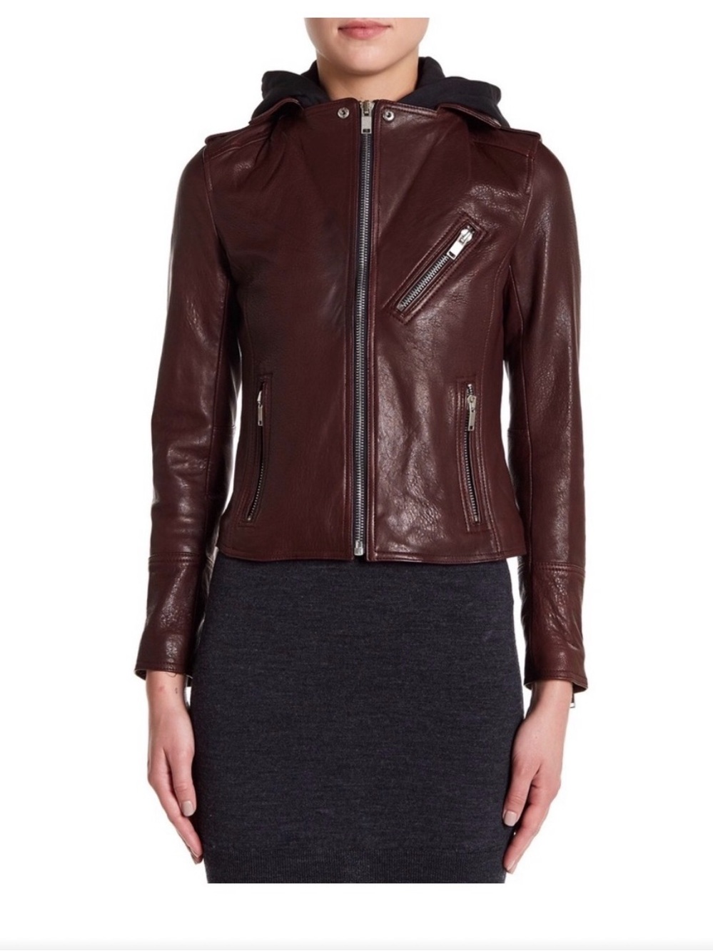 Doma Women's Dark Brown Leather Hooded Zip Jacket